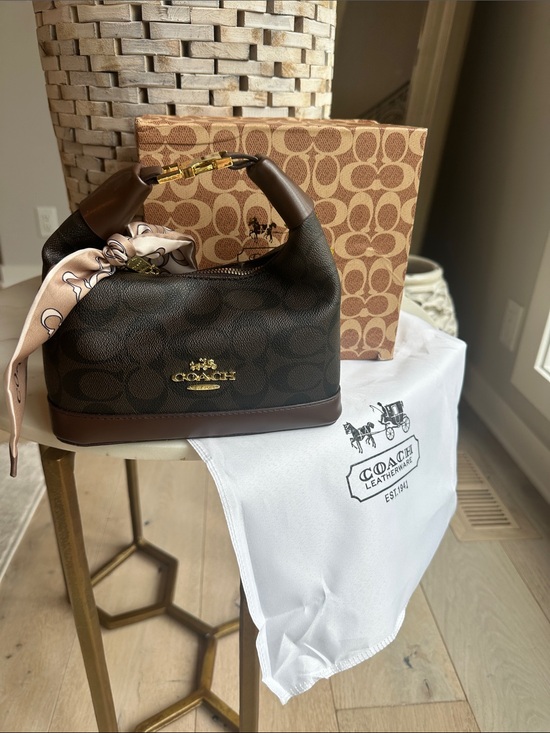 Coach Handbags - Coach Dark Brown Signature Mini Hobo with Beige Scarf